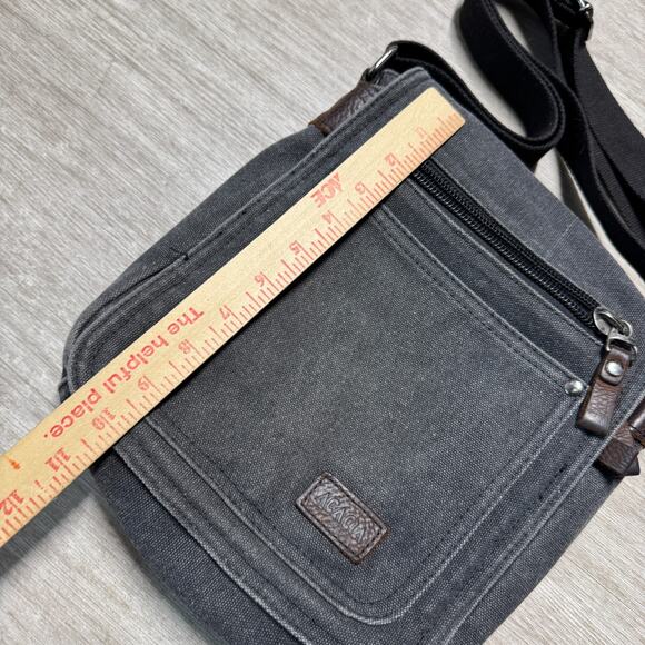 ACACIA Revolve Canvas Crossbody Bag Satchel Leather Accents Gray Zip Snap Close - Picture 7 of 7